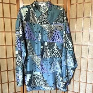 Aggio Shirt Geometric Patterned 100% Silk Long Sleeve Collared Shirt